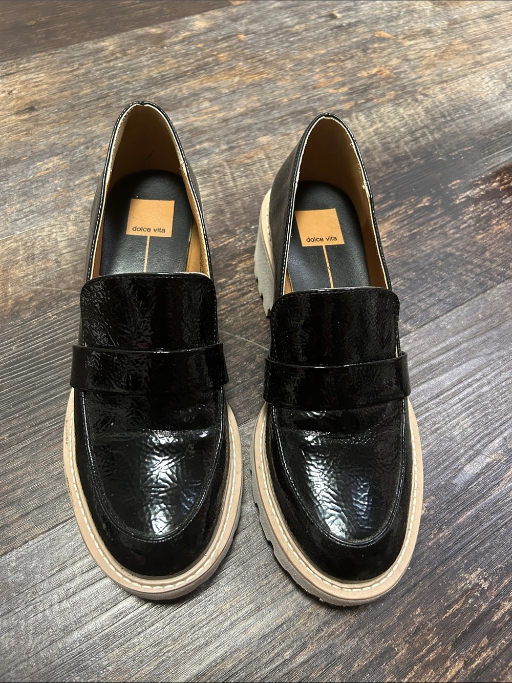 Dolce Vita Black Patent Loafers with Tan Platform Sole
